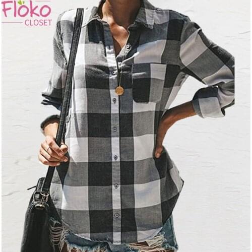 Flokocloset Causal Plaid Print Long Sleeve Button Shirt Autumn Spring Female Outwear Checked Tops Loose