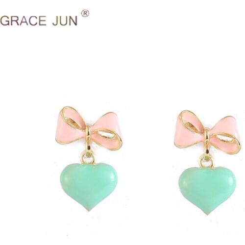 GRACE JUN Pink color bow-knot enamel hollow-out heart shape clip on earrings and pierced earrings hot sale fashion earrings