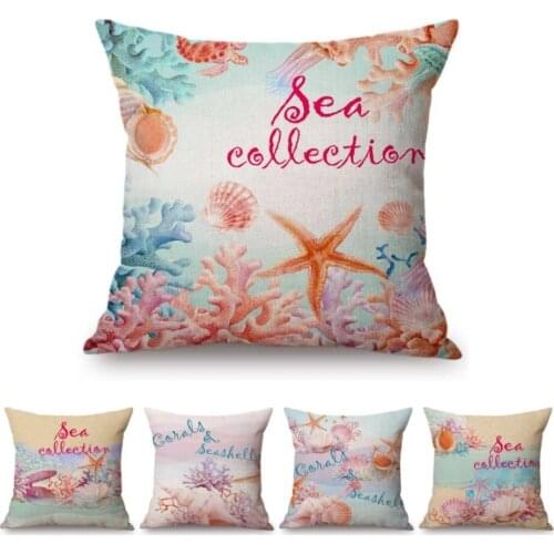 Pink Starfish Jellyfish Coral Seashell Cute Pillow For Home Decoration Letters Aquatic Marine Lives Linen Sofa Cushion Covers