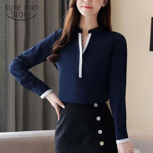 Women Blouse 2021 Fashion Long Sleeve Blue Solid Womens Tops and Blouse OL Pullover V Neck Shirts Female Clothing Blusas 8393 50