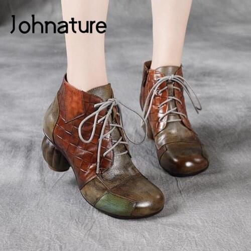 Johnature Mixed Colors Women Boots Genuine Leather Women Shoes 2020 New Zip Flat With Round Toe Lace-up Ankle Platform Boots