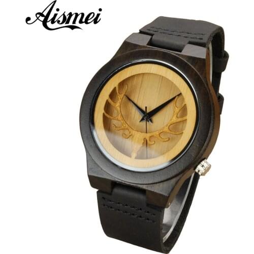 2018 Deer Head Hollow Design Men Womens Bamboo Wooden Watches Luxury Fashion Wood Quartz Watch With Black Genuine Leather Strap