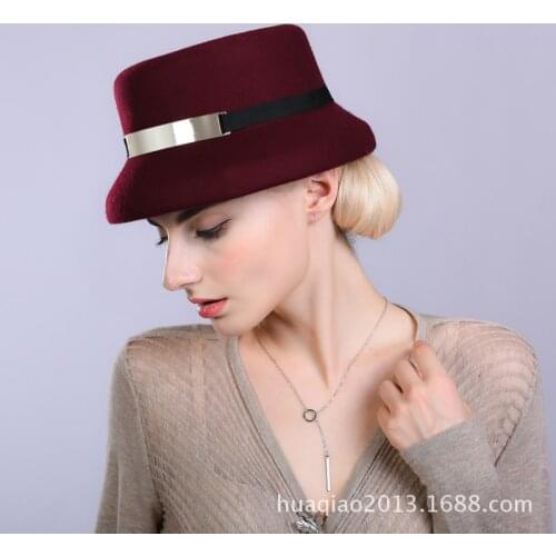 Lady Iron Ring Decorated Hats Wool Felt Hat 100% Australian Wool Cloche Fedora Hats for Women Winter Autumn Derby Cap B-8865