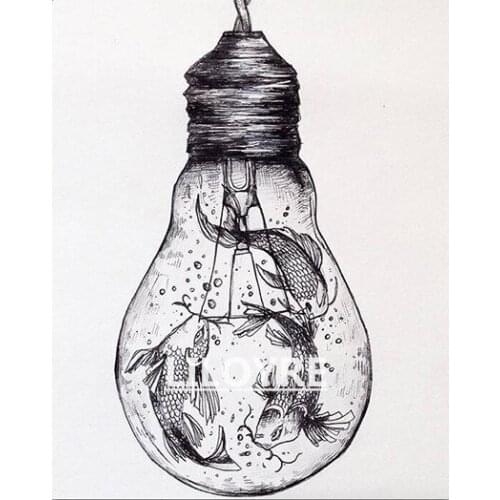 5d Diamond painting light bulb fish Diamond mosaic Full Square round Diamond embroidery Cross stitch black white wall art TY382