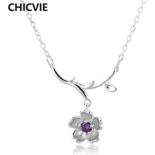 CHICVIE S925 Purple Flower Crystal Necklaces&Pendants For Women Silver Necklace Pendant Jewelry Statement DIY Necklace SNE190091