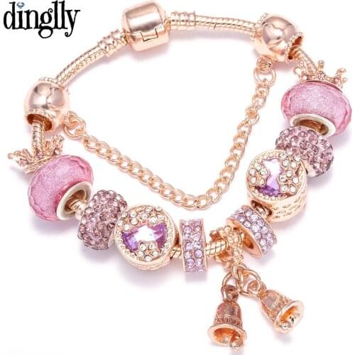 DINGLLY New Purple Crystal Crown Beads Rose Gold Brands Bracelet Bangle DIY Europe Original Bell Charm Bracelets For Women Gift