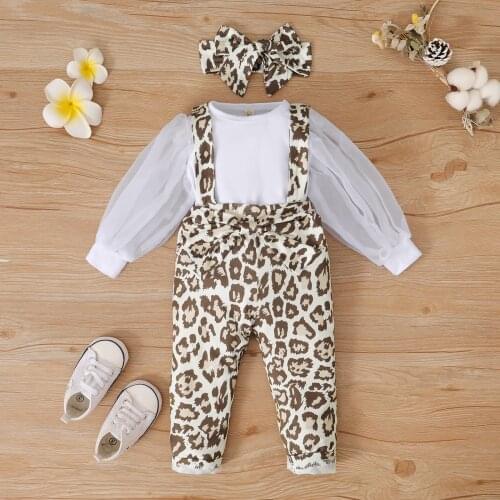 FOCUSNORM 3Pcs Toddler Girls Outfits Clothes Sets Long Mesh Puff Sleeve Solid Color Tops + Leopard Suspender Pants + Headband