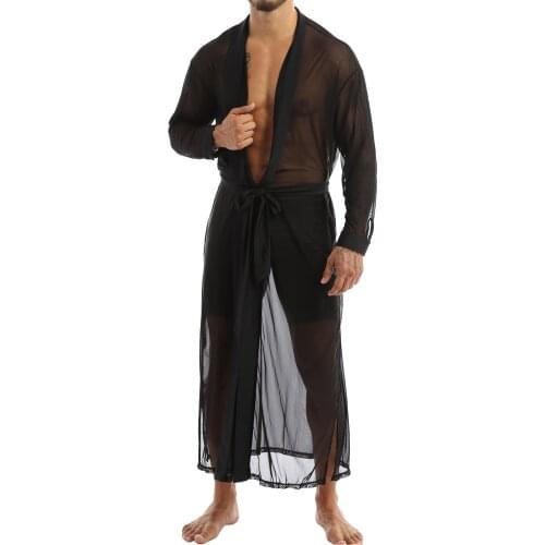 Men See-through Open Stitch Front Mesh Transparent Long Shirt Casual Sleepwear Male Gay Sexy Lingerie Long Sleeve Bathrobe Tops