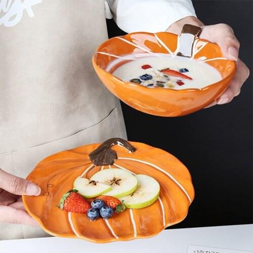 Ceramic Bowl Dessert Plate Round Pumpkin Designs Backing Ramekin Bowl Dinner Dishes Microwave Safe Breakfast Dinnerware Set