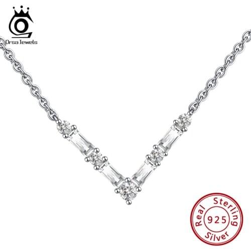 ORSA JEWELS Zircon Pendant Necklace For Women White V Shape Pendant Authentic 925 Sterling Silver Necklace Fashion Jewelry SN208