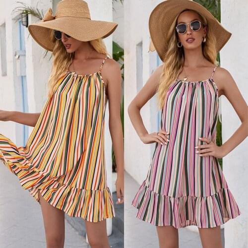 Summer New Fashion Sexy Sleeveless Stripe Womens Dress Casual Backless Ruffle Ladies Mini Camisole Dresses