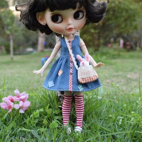 Cute 1/6 Blyth Doll Denim Dress + Stocking + Bag Set Clothes for 1/8 BJD, 1/6 BJD, Holala, Middle Blyth, Azone S Doll