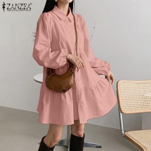 ZANZEA 2021 Fashion Solid Shirt Dress Women Ruffle Sundress Spring Puff Sleeve Mini Vestidos Female Casual Button Robe Plus Size
