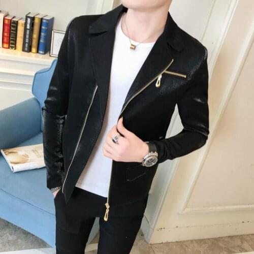 New Bright Jacket Mens Spring Clothes Personality Diagonal Zipper Thin Section Coat Lapel Handsome Slim Hair Stylist Jackets