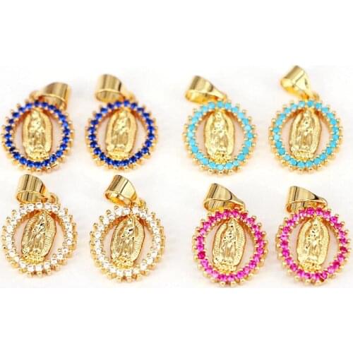 10Pcs, Charm CZ Micro Pave Jesus Oval Pendants Necklace Fashion Multi Color CZ Pendant Religious Jewelry
