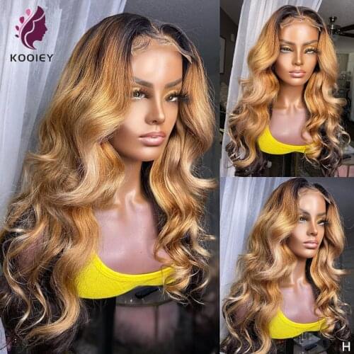 Brown Highlight Ombre Blonde Colored Human Hair Wig 13x4 Body Wave Transparent Lace Front Wigs For Women HD Frontal wig