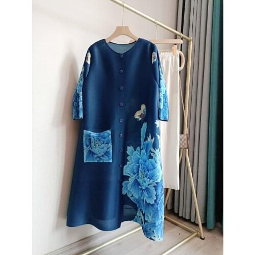 HOT SELLING Miyake fold dress of print o-neck three quarter Button A-Line dress IN STOCK