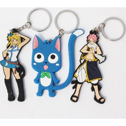 Fairy Tail Lucy Natsu Happy PVC Figures Toys with Keychain Keyrings for Children Gifts