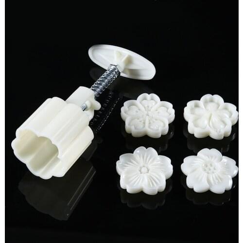 4pcs Hibiscus Cherry Flower Stamp +50g Plastic Press Mold Mooncake Maker Cutter For Autumn Festival Pastry DIY Making