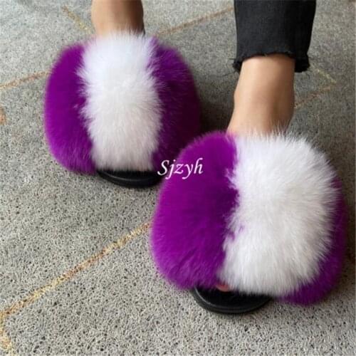 Winter Girls Fox Fur Slides Luxury Fluffy Fur Slippers Womens Furry Flip Flops Indoor Warm Plush Sandals Wholesale Female Shoe