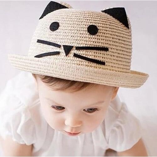 Fashion Children Straw Hat Lovely Cartoon Cat Ears Curling Sunscreen Girls Boys Summer Weave Cap Chapeu Feminino