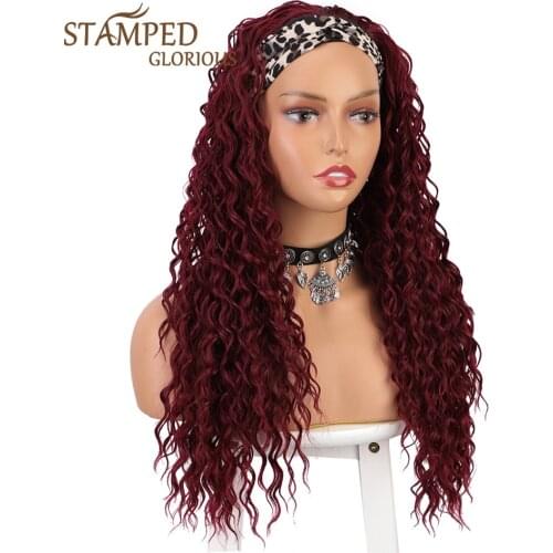 Stamped Glorious 24inches Headband Curly Wig Black Wig Natural Wave Hair Heat Resistant Fiber Synthetic Wigs for Black Women
