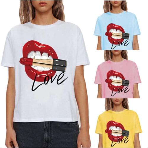 Sexy Women LOVE Red Lips Printed Tops Ladies Short Sleeve T-Shirt Plus Size Blouse S-5XL 19 Colors