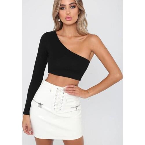 2020 Summer Women Sexy Fashion T-shirt Solid Color Single Sleeve Off Shoulder Slash Neck Casual Femme Red Black Crop Top