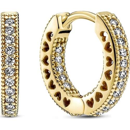 Original Golden Shine Pave Heart Hoop Earring With Crystal For Women 925 Sterling Silver Earring Wedding Gift Europe Jewelry