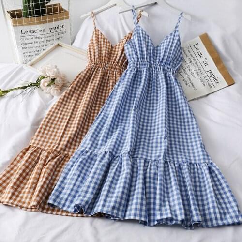 Plaid Elastic Waist Slimming Mid-length Womens Sling Dress for Spring and Summer 2021 Students All-match Stitching Sling Dress