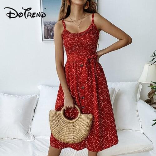 Dotrend 2019 Women Summer Straps Dress Sexy Ruffle Dot Print Lace Up Button Pocket Beach Dresses Female Sundress Casual Dress