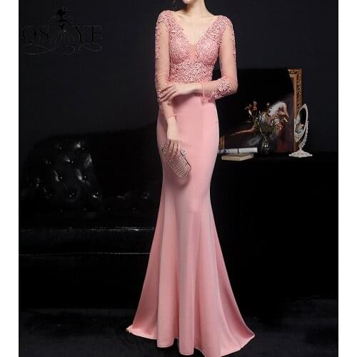 Long Sleeves Pink Prom Dresses Stretch Mermaid Women Gown Sequined Appliques Formal Party Dress V Neck Hot Drill Evening Dress