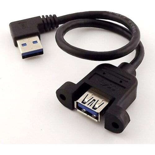 10pcs Black 25cm USB 3.0 A Female Jack Panel Mount to Male Plug Right Angled Extension Cable