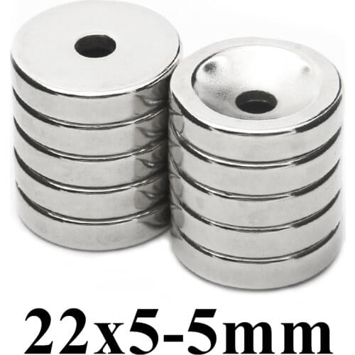 100pcs Super Strong Round Neodymium Countersunk Ring Magnets 22mm x 5mm Hole: 5.2mm N50 Neodymium Magnet Free Shipping