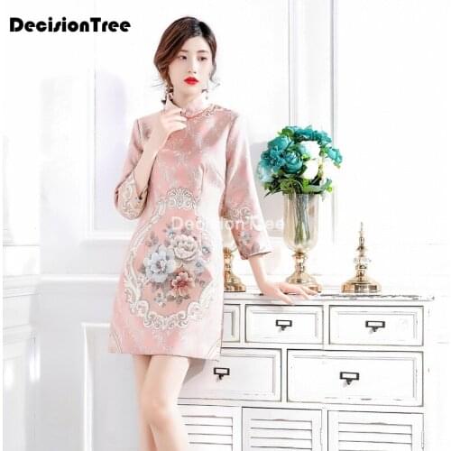 2021 chinese traditional clothing for women short ethnic lace retro cheongsam dress vintage elegant wedding qipao vestido