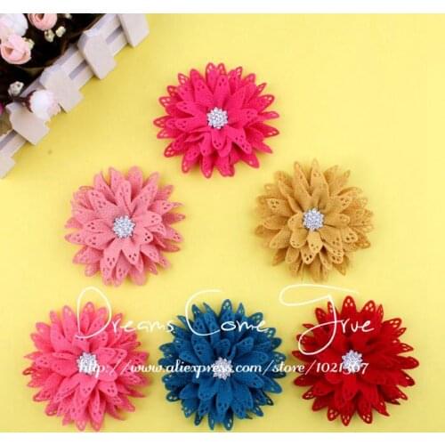 20pcs/lot 3.5" 6Colors Excellent Quality Artificial Fabric Hair Flower Accessories + Bling Rhinestone Button For Gilr Headwear