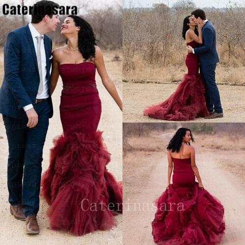 Burgundy Ruffle Organza Mermaid Wedding Dress Side Zipper Elegant Wedding Party Gown Custom Made