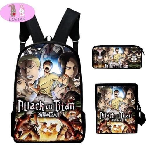 COSTAR 3PCS Attack on Titan Backpack Eren Mikasa Pencilbag Shingeki No Kyojin Shoulder Bag