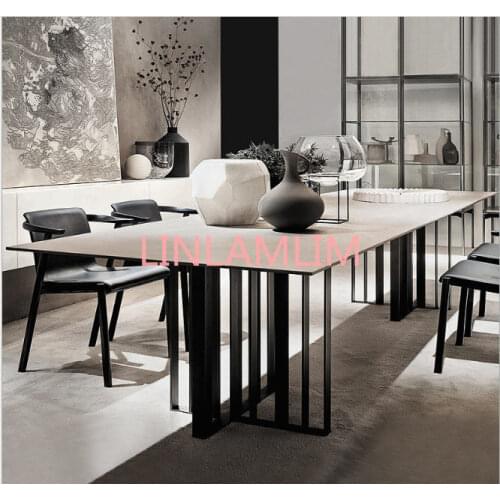 Designer unique stainless steel marble dining room set with rectangle table and 4 leather chairs mesa de jantar muebles comedor