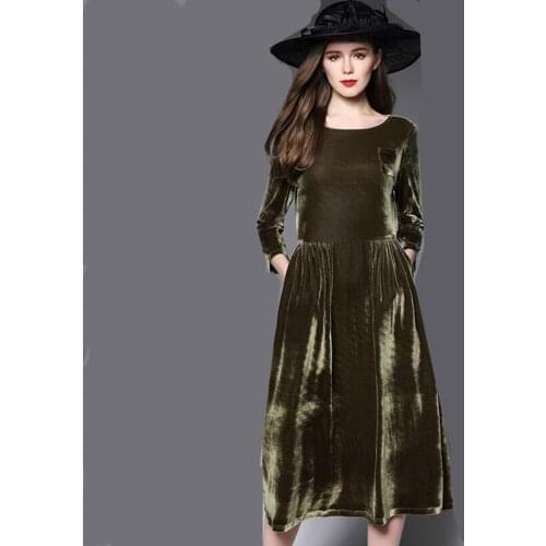 Plus Size M-7XL Elegant Vintage All-Match Velvet Dress Three Quarter Sleeve Pocket Women Dress Casual Party Dresses Vestidos