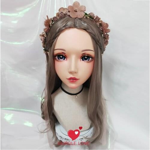 Er-10)Female Sweet Girl Resin Half Head Kigurumi BJD Eyes Crossdress Cosplay Japanese Anime Role Lolita Mask With Fairy Ear