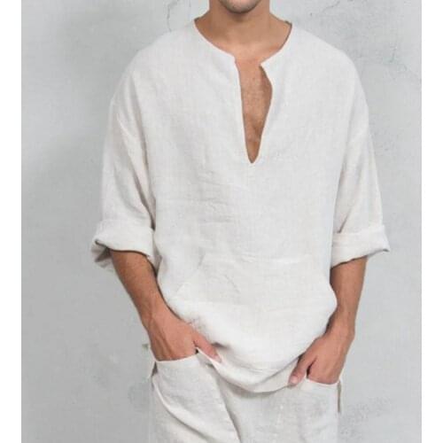 Autumn Male Long Sleeve Linen T-Shirt V-neck Fashion Solid Casual Cotton Henley Kangaroo Pocket Loose Blouse Tee Top Men 4XL