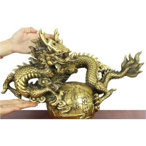 Exquisite Chinese pure brass magic dragon Fortune feng shui Statue RT