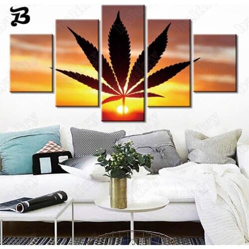 Canvas Painting 5 Pieces HD Prints Sunset Weeds Wall Pictures Large Leaf Canvas Posters Landscape Art for Living Room Home Decor