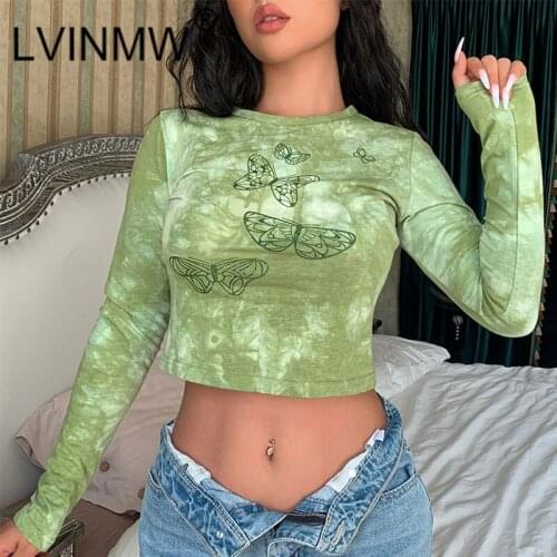 LVINMW T Shirt Tie Dye Butterfly Navel Slim Fit Girls Tee Printing Casual Chic Crew Neck Long Sleeve Top Green Autumn Streetwear