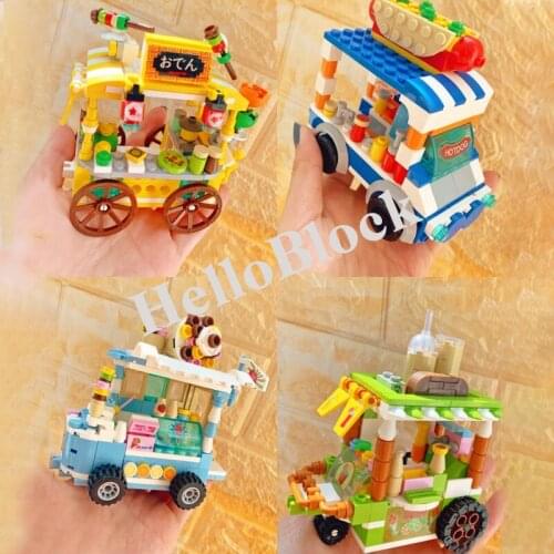 Mini Street View Takeaway Car Food Truck Tricycle Auto Retail Store Vehicle Building Blocks Bricks 3D Model Toys For Girl Gift