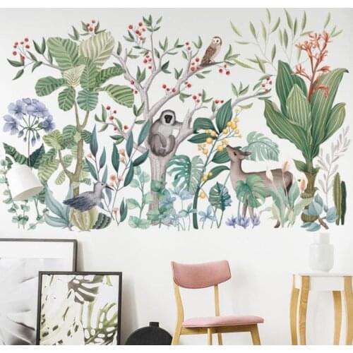 Cartoon Tropical Rainforest Wall Stickers Monkey Tree Decals for Kids Room Nursery Base Decoration