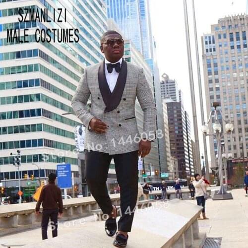 Men Wedding Suits 2021 Coat Pants Designs Double Breasted Houndstooth Plaid Tuxedo Groom Wedding Party Suits For Men Groomsmen