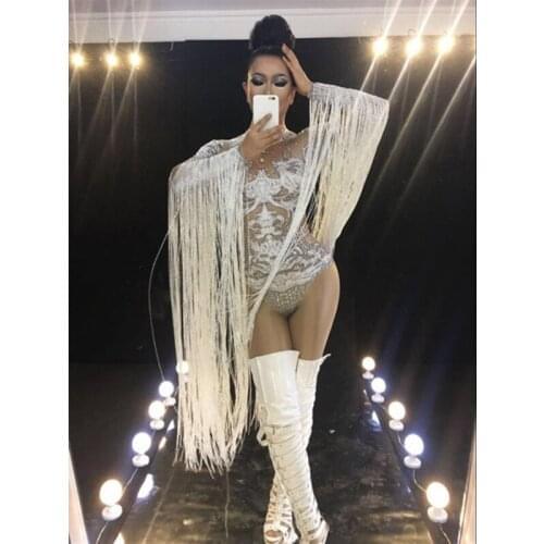 New Sexy Female Singer Stage Costume Women Jumpsuits white Tassel Dance Outfit Jazz DJ DS Show Wear Performances Bodysuits