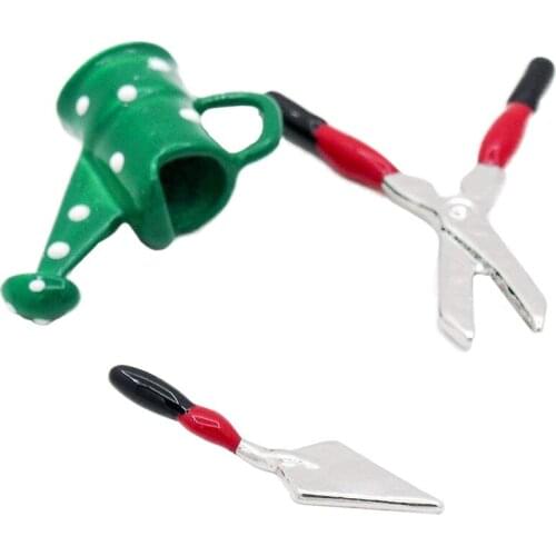 Odoria 1:12 Miniature 3pcs Green Watering Can & Hedge Shears & Trowel Fairy Garden Tools Set Dollhouse Accessories Decoration